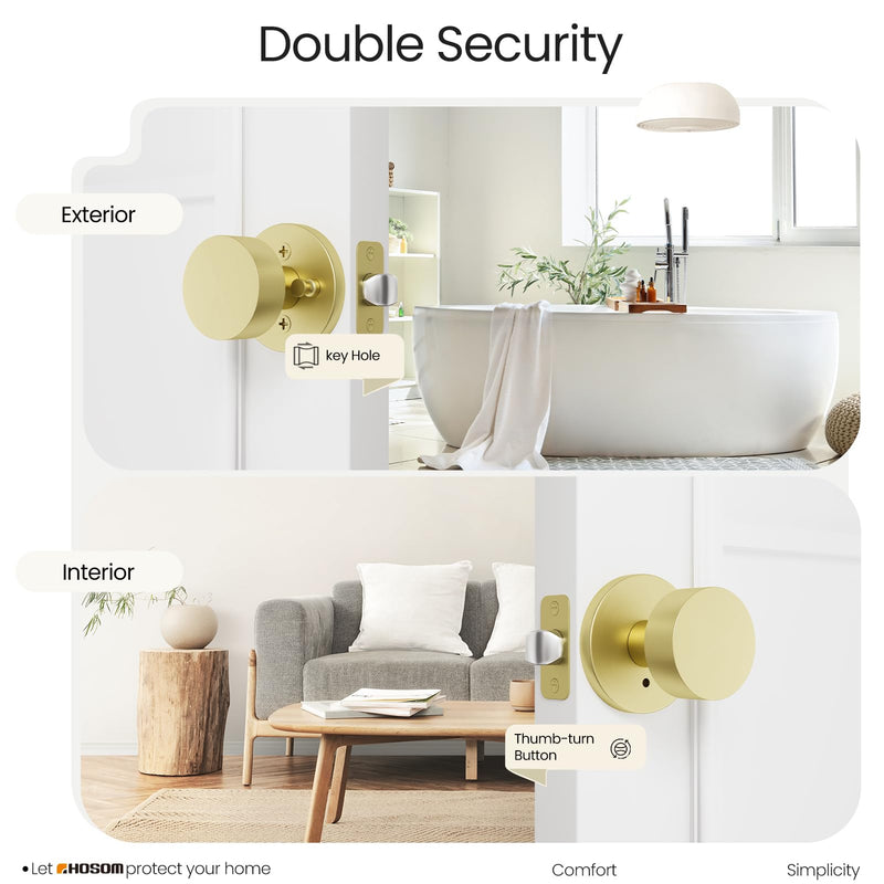 HOSOM Gold Door Knob, Privacy Door Knob, Bathroom Bedroom Door Knobs with Lock Exterior Interior Satin Brass Door Locks Heavy Duty Door Handle Keyless Doorknob with Round Ball,1 Pack