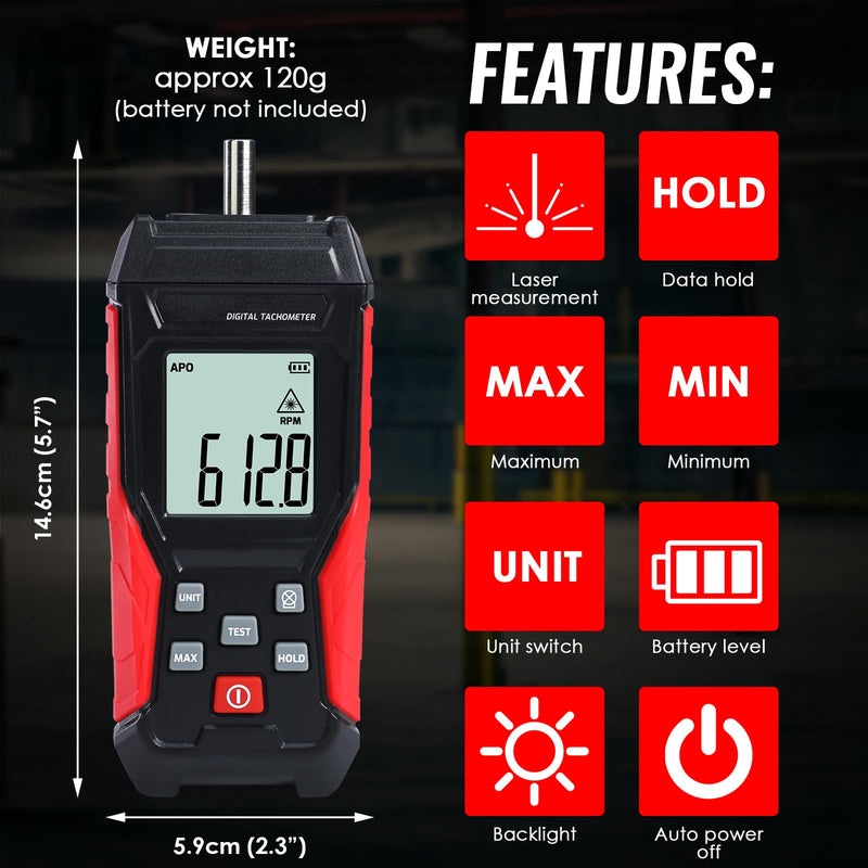 2-in-1 Digital Tachometer with Laser & Contact Non-Contact Laser Tach Meter 3-19999RPM and Photo Tachometer 3~99999RPM MAX/MIN/Hold Data/AVG, Backlit RPM Gauge for Cars, HVAC, Motors, Small Engines