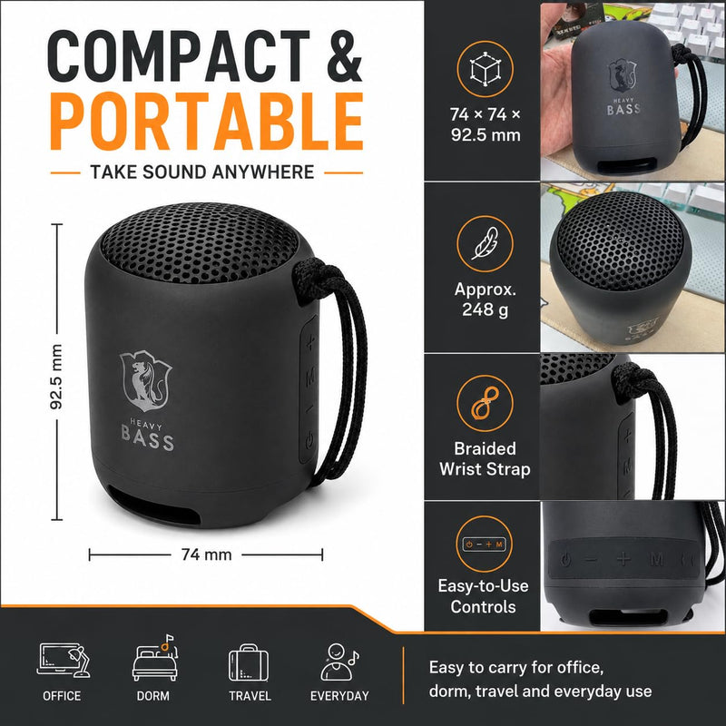 HEAVY BASS Portable Bluetooth Speaker, Wireless Mini Speaker with Bluetooth 5.4, TWS Pairing, FM Radio, TF Card, USB Drive, AUX Input, 5W Sound, Built-in Mic for Calls, Black