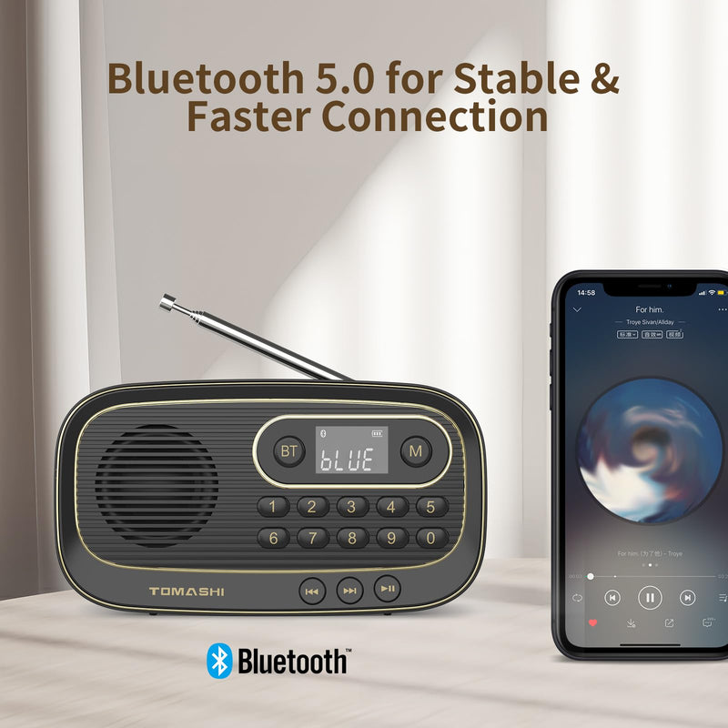 TOMASHI Portable FM Radio, Bluetooth Speaker Radio, Rechargeable Auto Scan | Preset stations, LCD display and Micro SD MP3 player. Compact radio with earphone jack for home, travel and outdoor use.