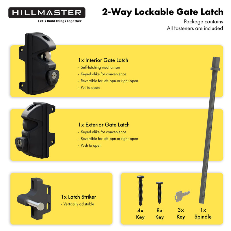 Key Lockable 2 Way Gate Latch,Key Operates on Both Sides of Gate,2 Sided Gate Fence Lock for Outdoor Gates,Locking Gate Door Lock Fence Latch Gate Hardware for Metal,Wood,Vinyl Fence,Black Finish