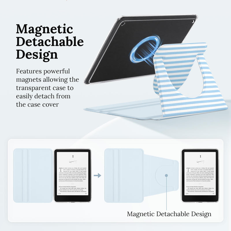 Magnetic Rotating Stand Case for 7'' Kindle Paperwhite & Colorsoft | Magnetic Detachable, Adjustable Stand, Auto Wake/Sleep, Clear PC Case, Soft TPU Edge, Anti-Slip Grooves, Blue & White Stripes Blue and White Stripes 7" e-book-reader