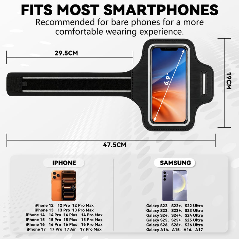 Running Armband with Card Slot, Black | Cell Phone Arm band for iPhone 17 16 15 14 13 12 Pro Max Plus Samsung Galaxy Ultra S26 S25 S24 S23 S22 S21 1 Pack
