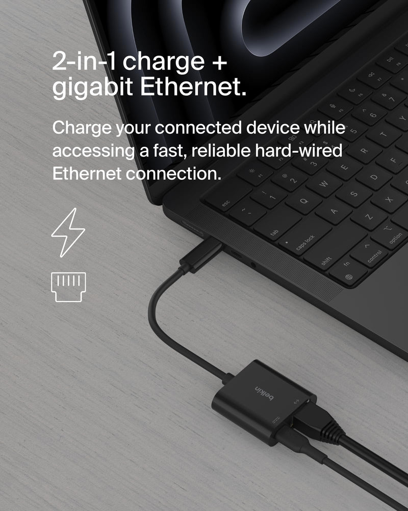 Belkin Connect USB-C to Ethernet + Charge Adapter 100W w/Gigabit Ethernet Port and USB-C Port - 10/100/1000 Mbps for Fast Internet Connection - Compatible with iPhone 15, Samsung Galaxy S24, & More Ethernet + Charging (100W)
