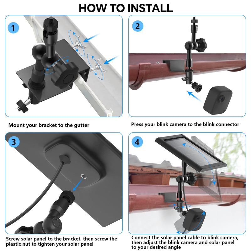 2-in-1 Weatherproof Gutter Mount for Blink Outdoor (3rd Gen), Blink Outdoor 4(4th Gen) and Blink Solar Panel, Adjustable No Drilling Wall Mount, Perfect Angle to Get Maximum Solar Power (Black)