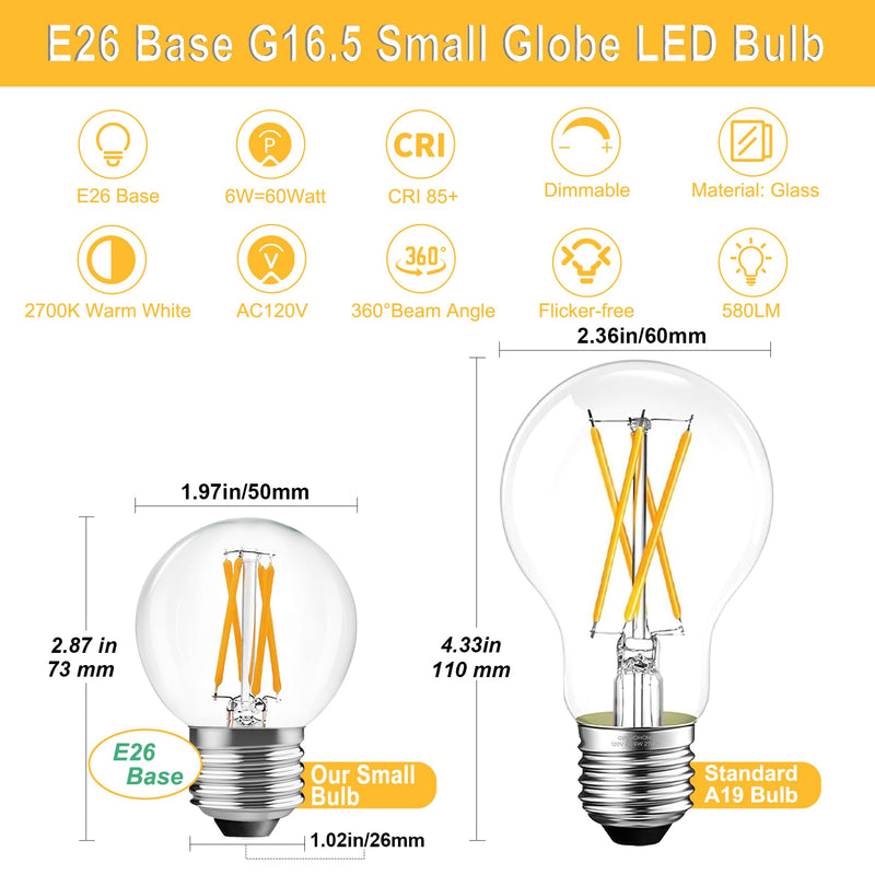 BRIMAX 10 Pack G16.5 Light Bulbs Dimmable,Small LED Globe Bulbs,E26 Base 6W Equal 60 Watt 580lm, 2700K Warm White,AC120V,Flicker Free for Ceiling Fans Chandelier（1.97" W × 2.87" H） E26 6 W 2700K