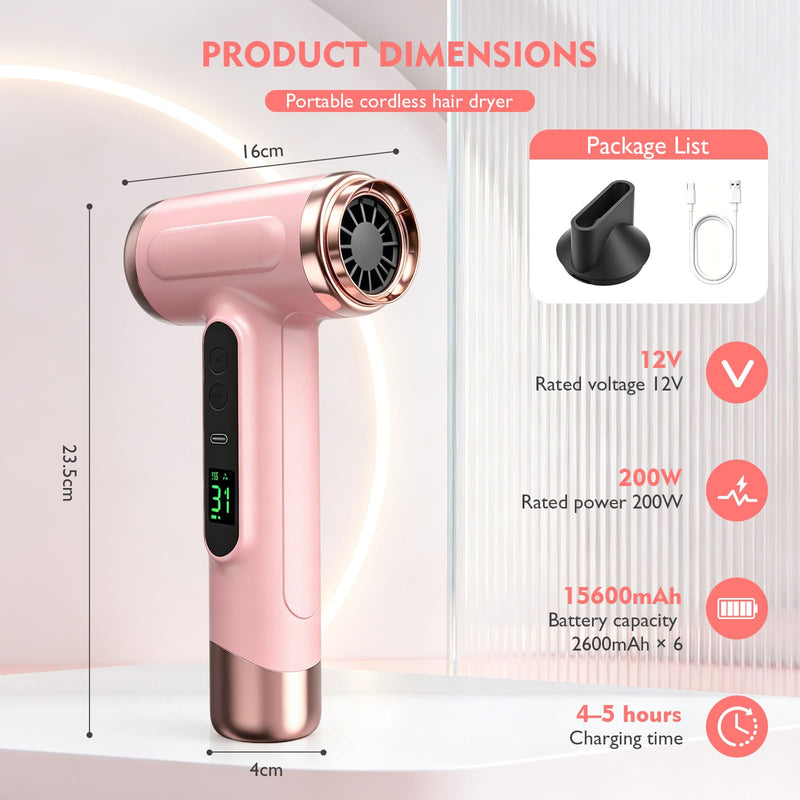 Cordless Hair Dryer, Portable Rechargeable Blow Dryer with Digital Screen, 3 Heat & Speed Settings, USB Charging, Lightweight Travel Hair Dryer for Home, Dorm, Travel, Camping & Outdoor Use (Pink) Pink
