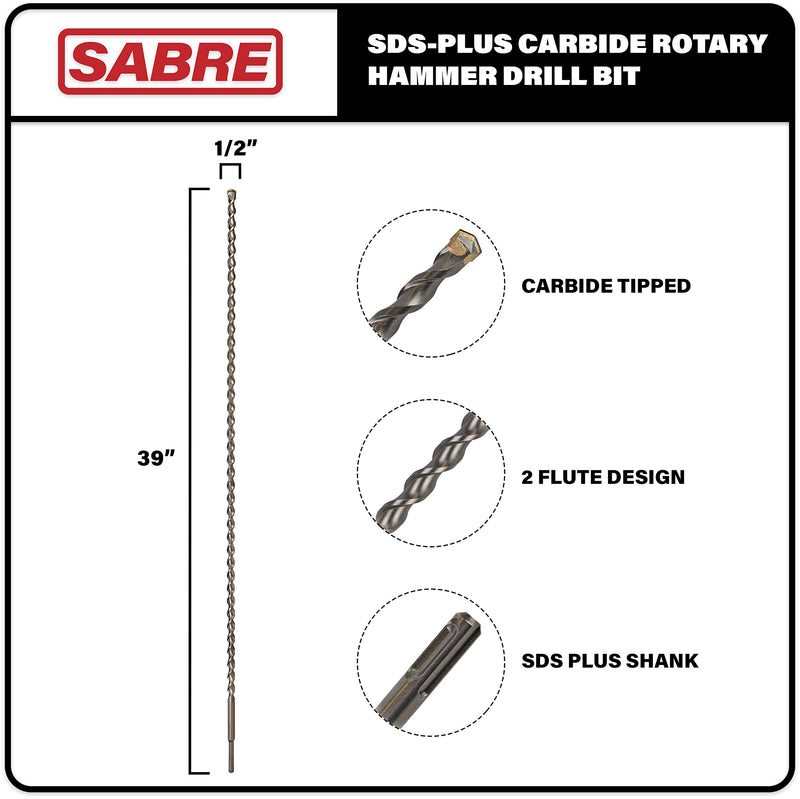 1/2 Inch x 39 Inch SDS Plus Rotary Hammer Drill Bit, Carbide Tipped Concrete Drill Bit for Masonry; Brick, Stone, Concrete (1/2" x 37" x 39") 1/2 in