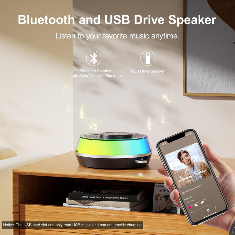 Wireless Charger Alarm Clock for Bedroom, 5W Bluetooth Speaker, 12 Soothing Sounds Machine, Dual Alarms, RGB Light, Ideal Gift for Heavy Sleepers, Adults, Teens, Kids, Senior(Black)