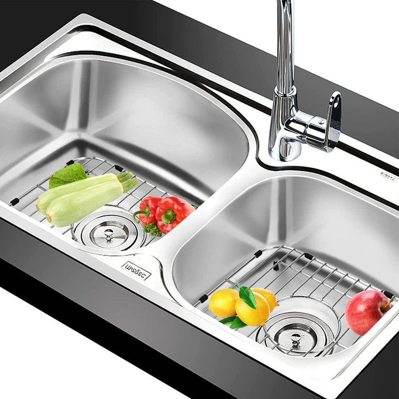 Orgneas Sink Protectors for Kitchen Sink, Universal Double Bowl Sink Bottom Grid 12.5"x10.5"x1.25", 304 Premium Stainless Steel Kitchen Sink Protector Grid Sink Grate Rack Centered Drain 2 Packs 12.5"x10.5",Center Drain