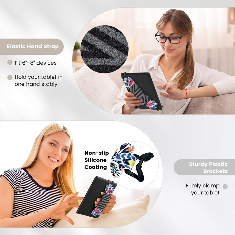 MoKo Security Hand-Strap for 6-8" Kindle eReaders Fire Tablet - Kobo/Voyaga/Lenovo/Sony Kindle E-Book Tablet, High-elasticity Versatile Hand Strap Lightweight Finger Grip Holder, Blue Leaf Flower Patterned Strap