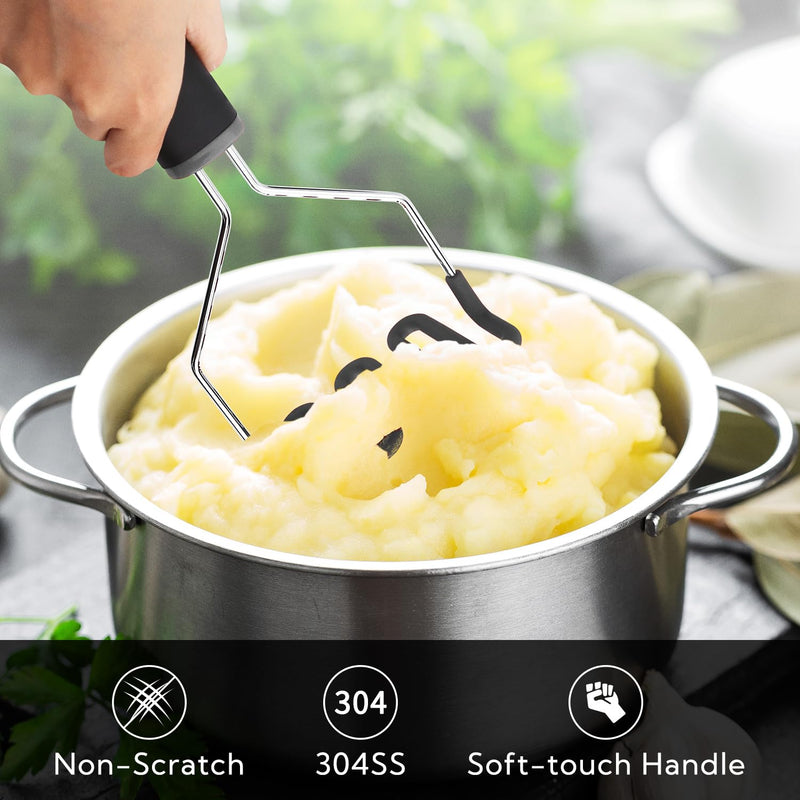 KITCHENDAO Non-Scratch Potato Masher, Heavy Duty 18/8 Stainless Steel Wrapped In Premium Silicone, Soft Touch Handle, Versatile Masher Hand Tool & Potato Smasher, Gift for Christmas-Black 9.69"L x 4.72"W Black