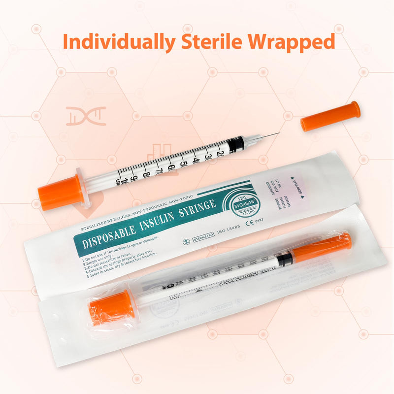U-100 1ml 31G 5/16" (8mm) Syringe, Lab Syringes Individually Wrapped, Pack of 100 1CC 31G 5/16" 100 Pack