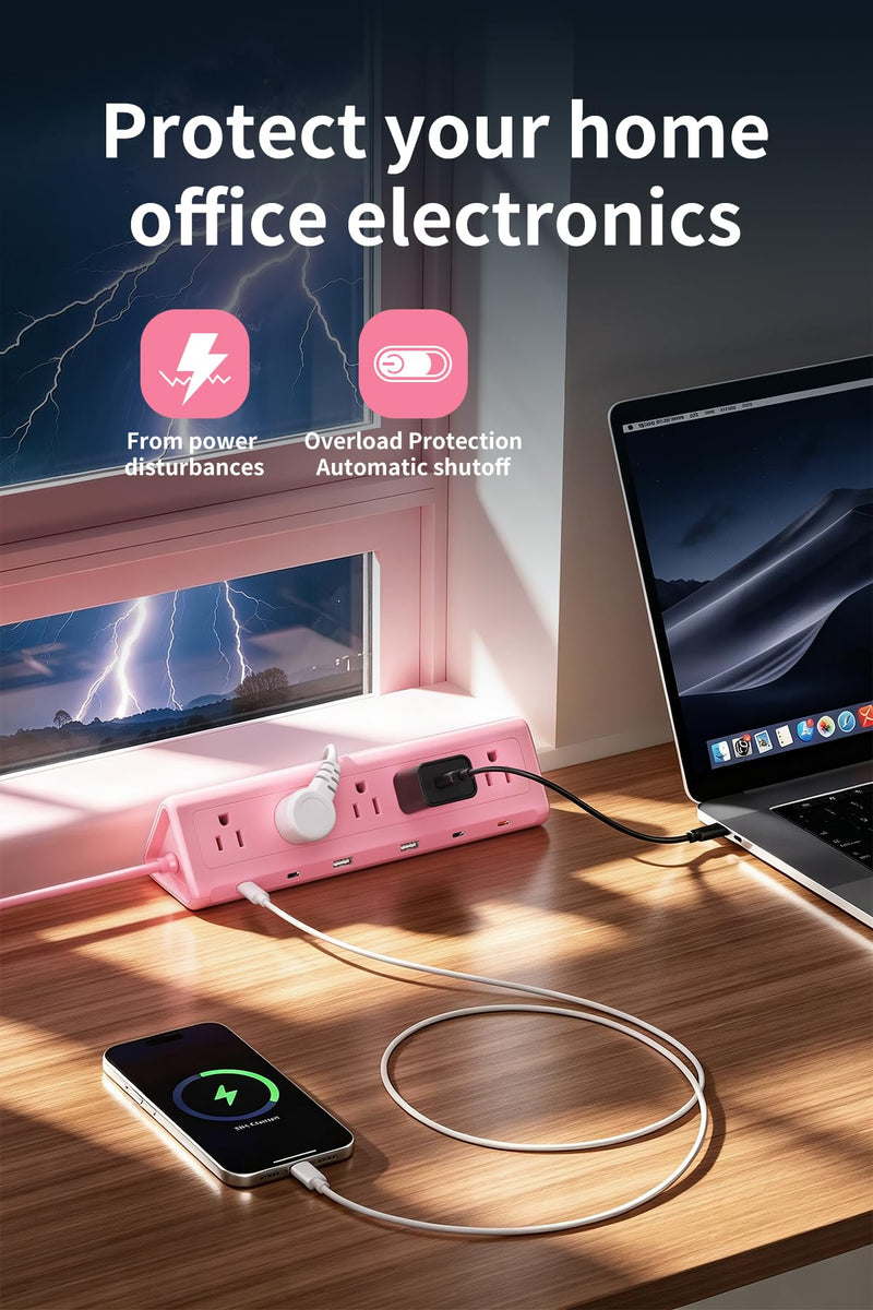 SMALLRT Pink Desk Clamp Power Strip with 6.5 FT Extension Cord, PD 40W USB-C Fast Charging Ports, 5 AC Outlets 4 USB-C 2 USB-A, Fits 2.1 inch Table Edges