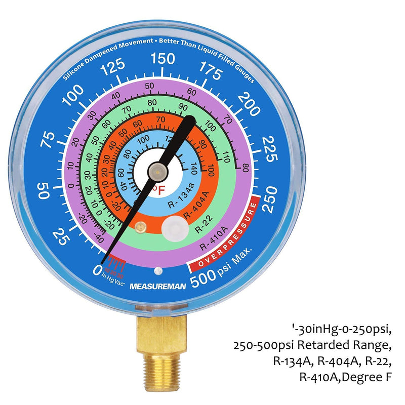 Measureman Refrigeration Pressure Gauge Kit, 3-1/8" Dial, Blue Dial & Red Dial, 1/8" NPT Lower Mount, 30inHg-0-250psi, 250-500psi & 0-800psi 3-1/8" Dial (Red & Blue Kit)