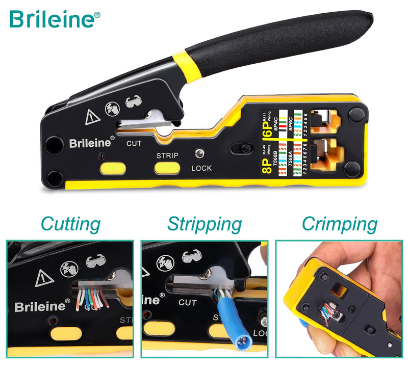 Brileine RJ45 Crimp Tool Pass Through Kit Ethernet Crimper Cat5 Cat5e Cat6 Crimping Tool for RJ11/RJ12 6P/8P with Network Lan Cable Tester, 50PCS Cat6 Connectors, 50PCS Boots, Mini Cable Stripper Crimper Kit-Yellow