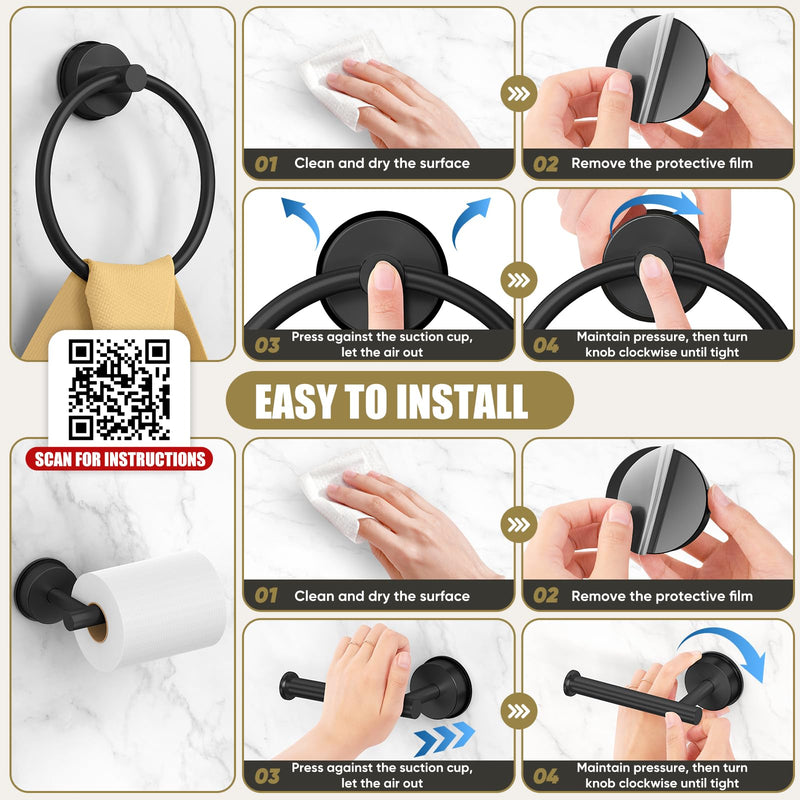 BKV Suction Cup Towel Ring,Hand Towel Holder for Bathroom,Stainless Steel Heavy Duty Round Towel Hanger for Bath,Kitchen-Matte Black