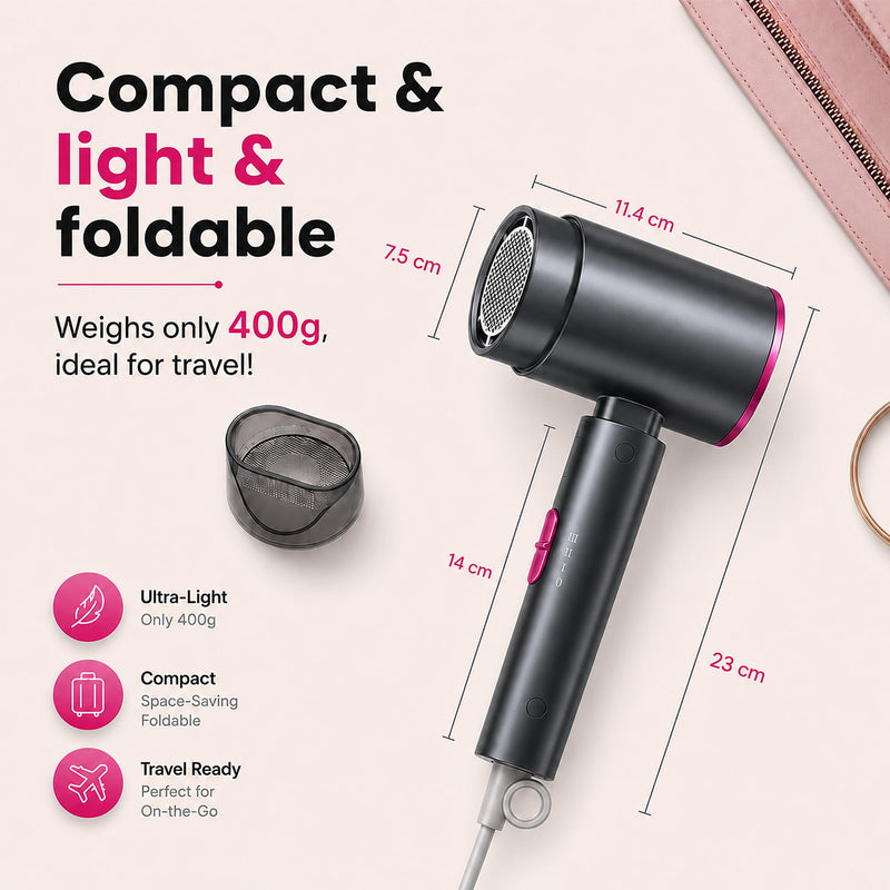 AIUNAOM Travel Hair Dryer 2000W Fast Drying,Foldable Hair Dryer with Cool Shot, Lightweight Compact Design, Professional Blow Dryer Featuring Negative Ion Technology, Overheat Protection Gray Purple