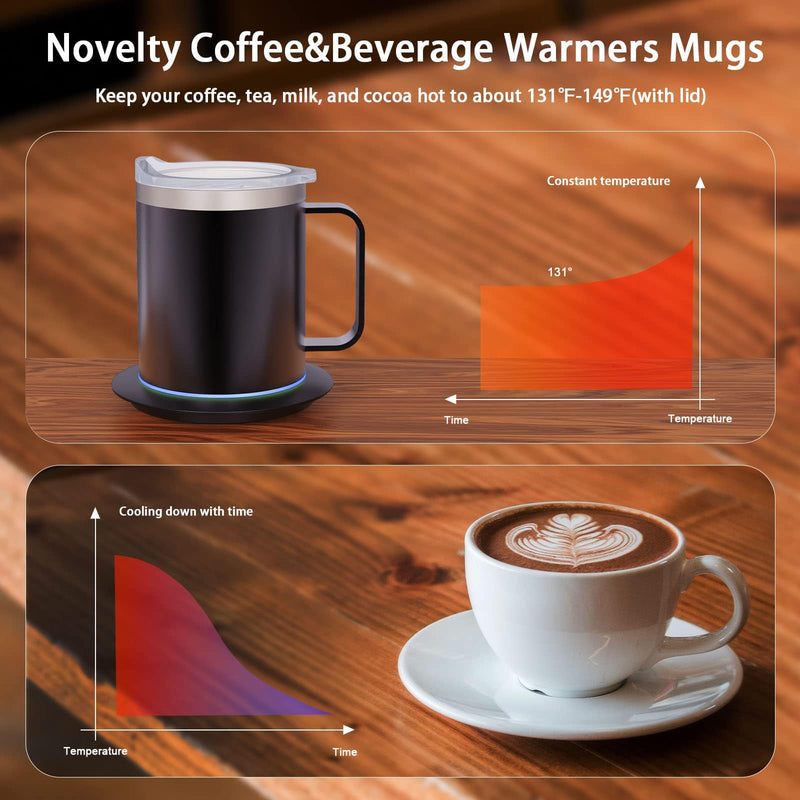 Coffee Warmer with Mug Set, USB Powered Heated Cup with 10H Auto Shut-Off, 131℉ Self Heating Coffee Mug for Desk (Black-12oz)