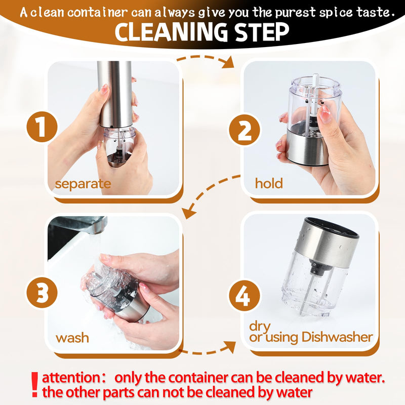 Stainless Steel Electric Pepper Grinder & Salt Mill Set - Battery Operated One-Hand Operation Adjustable Coarseness LED Light Transparent Container Easy Refill & Clean Push-Button Switch (2 Pack) Silver + two grinders
