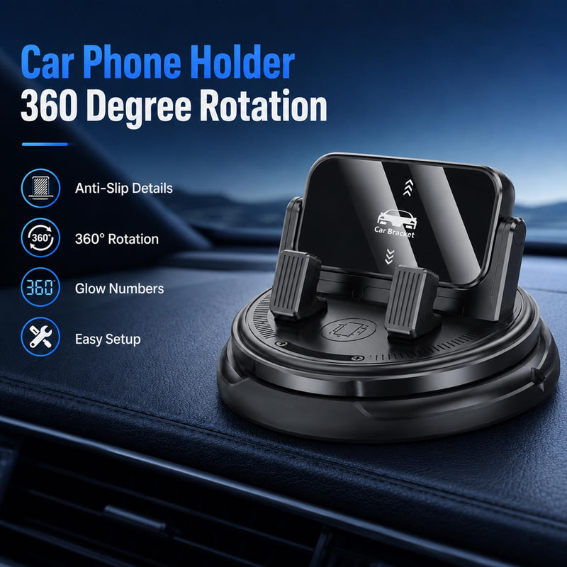 Car Phone Holder 360 Degree Rotation, Dashboard Phone Mount with Adjustable Spring Clip, Adjustable Universal Car Phone Mount for Smartphones