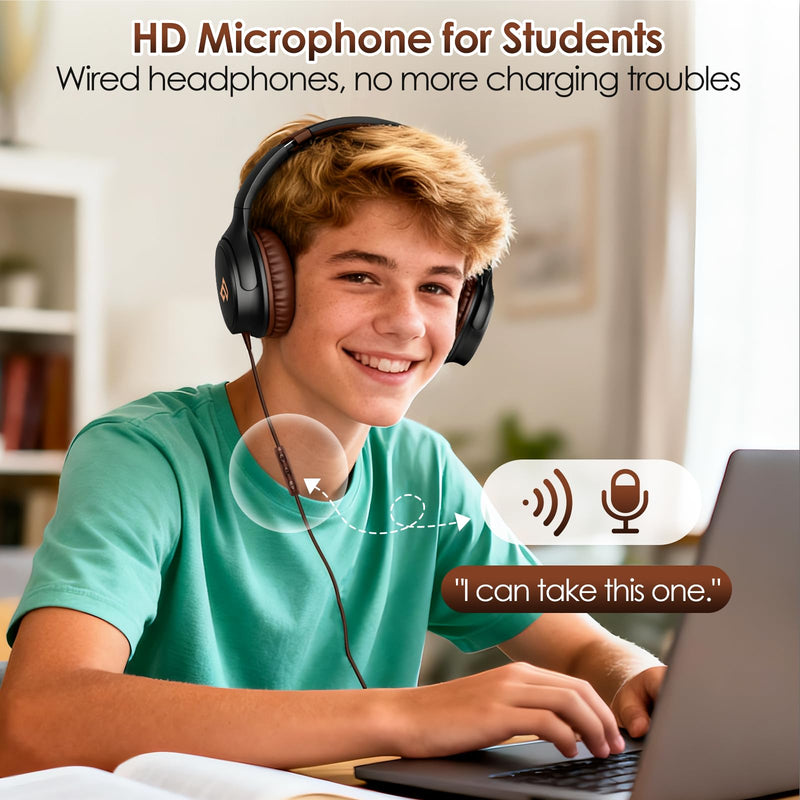 USB C Headphones for School Wired Headphones with Microphone-Brown Headset | Lightweight/Foldable/Adjustable/Comfortable Over Ear Headphones for iPad/Travel/iPhone 17, Back-to-School Season, Teen Gifts Brown