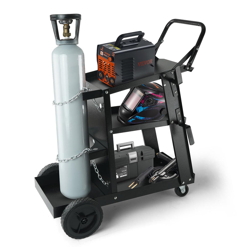 VEVOR Welding Cart, 3-Tier Welder Cart Heavy Duty with 400 Lbs Weight Capacity, 360° Swivel Wheels, Tank Storage Safety Chains, Rolling MIG Welder Cart for TIG, ARC, MMA, Plasma Cutter Welding Machine