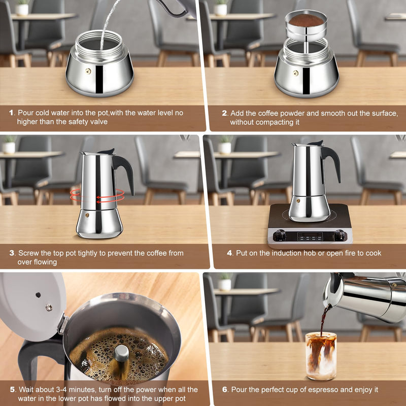 6 Cup Stovetop Espresso Maker Stainless Steel Moka Pot Stove Top Percolator Italian Coffee Makers Capable Mocha Greca Machine Cafe Classic Induction Cookers for Home and Camping 300ml 10oz 6 Cup