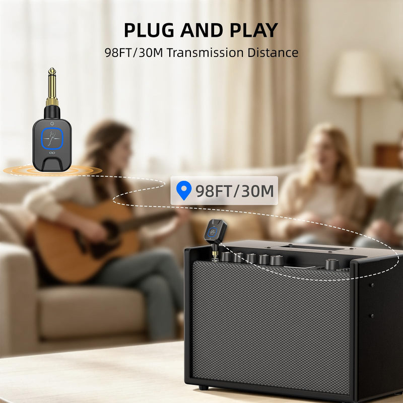 Wireless Guitar System 5.8GHz with Charging Box, Wireless Transmitter Receiver with 6.35mm/3.5mm 2-in-1 plug, 6 Channels, 18H Total Battery Life, for Electric Guitars, Bass black
