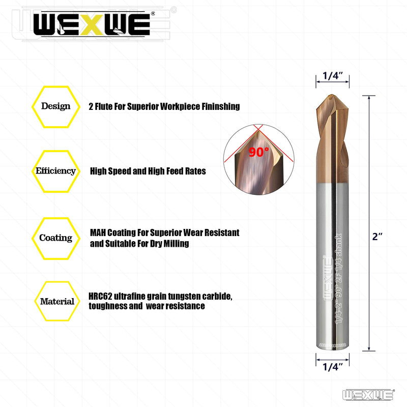 Tools Chamfer End Mill,Drill Tip with Cutting Edge for Carving, Drilling and Chamfering Suit for Alloy Steel, Hardened Steel, 90 Degree 2 Flute(1/4-2"-2CPS) Drill 1/4-2 1PCS