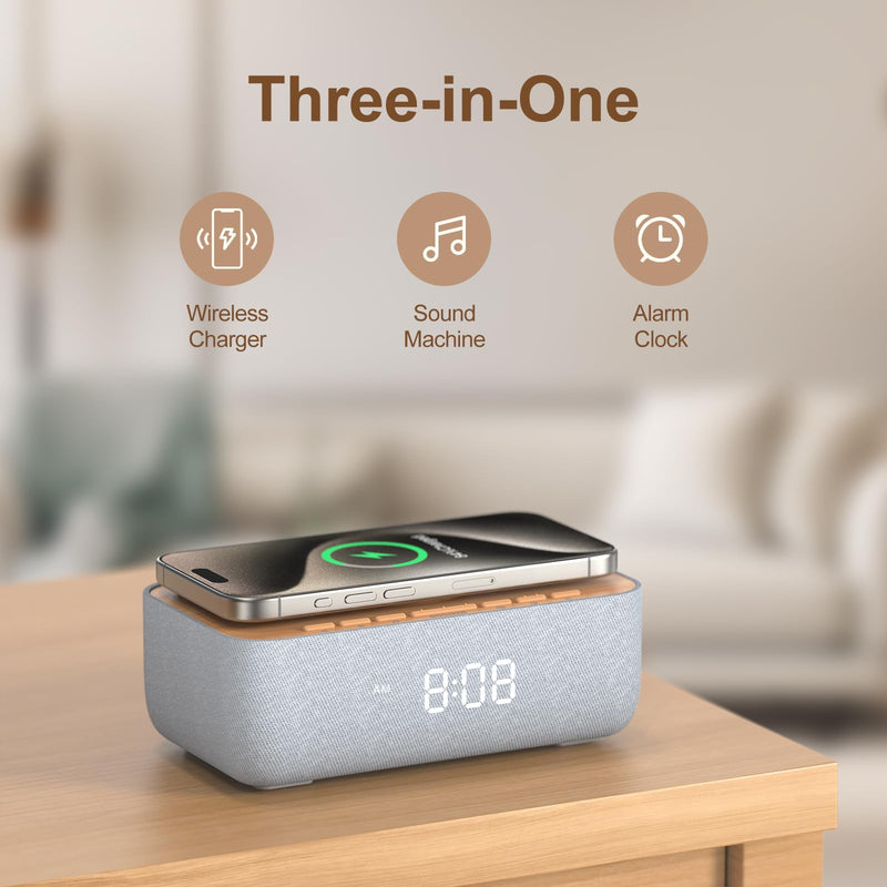 REACHER 15W Fast Magnetic Wireless Charging Alarm Clock with White Noise Machine, Woodgrain Style, 20 High‑Fidelity Sounds, Gradual Wake & Snooze, 0–100% Dimmable Digital Clock, Bedroom & Office Wood Grain