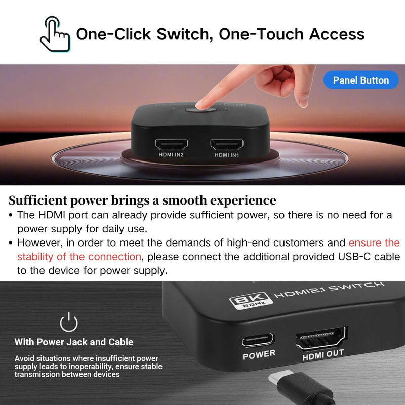8k@60hz HDMI Switch Splitter 2 in 1 Out, 2x1 Auto Bi-Directional HDMI 2.1 Switcher Selector, Supports 48Gbps HDR HDCP 2.2, Compatible with PS5/PS4, Xbox Series, Fire Stick, Roku, PC, Switch