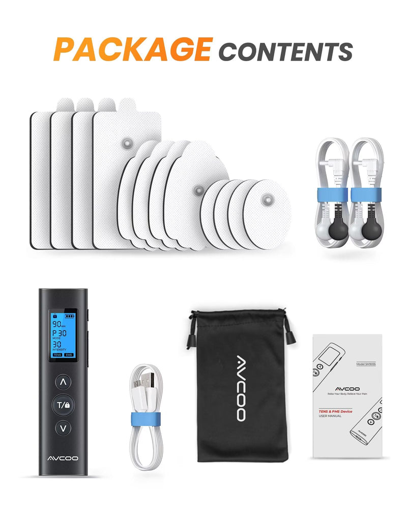 AVCOO 30 Modes TENS EMS Unit Compact Muscle Stimulator for Pain Relief of Back, Shoulder, Neck, Rechargeable & Portable Dual Channel EMS Muscle Stimulator with 30 Intensity Levels, 12 Electrode Pads Black