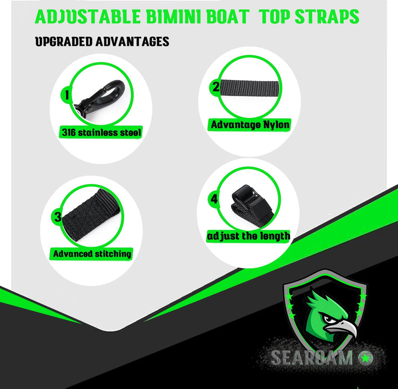 Boat Bimini Top Straps 2 PCS Adjustable Straps with SS 316 Black Plating Hooks 24"~60" Marine Black Nylon Embroidery Webbing Strap,1000LB Break Limit