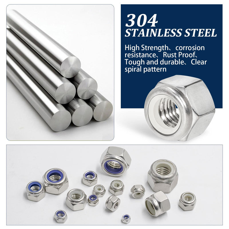 SAE & Metric Nylon Insert Lock Nuts Kit(348Pcs),6#32 8#32 10#24 10#32 1/4-20 5/16-18 3/8-16 1/2-13 M3 M4 M5 M6 M8 M10 M12 304 Stainless Steel Locknuts Sets SAE and Metric Locknuts, 348 Pcs