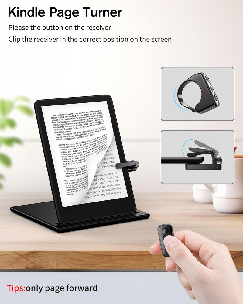 Remote Control Page Turner for Kindle Paperwhite Oasis, RF E-Reader Remote Controller, Remote Scrolling Ring for TIK Tok, Camera Shutter Clicker for iPad iPhone iOS Android -Black Black