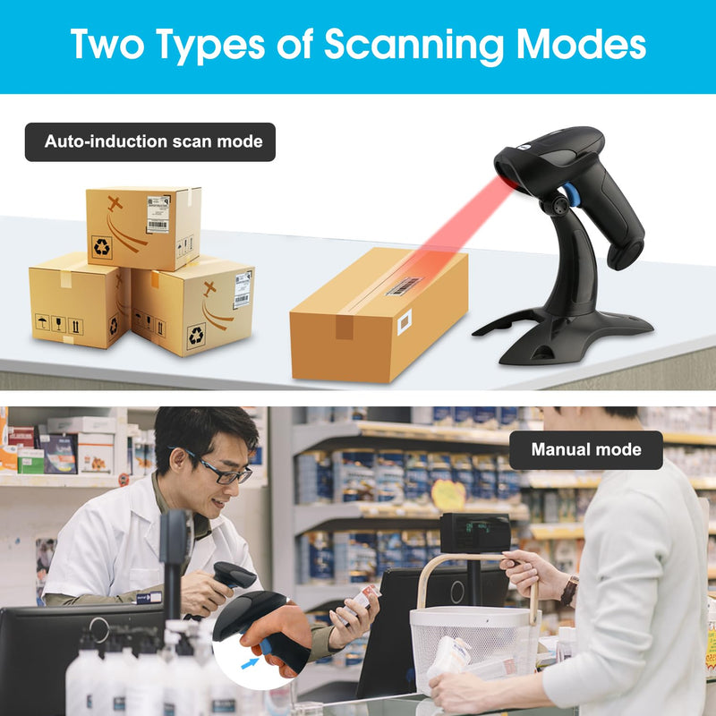 Sumicor Bluetooth Wireless Barcode Scanner with Stand, Handfrees Automatic Scanning & Manual Trigger Hand Barcode Scanner Gun, 1D 2D QR Code DM Scanner Work with Smart Phone, Tablet, PC 2D Bluetooth Wireless