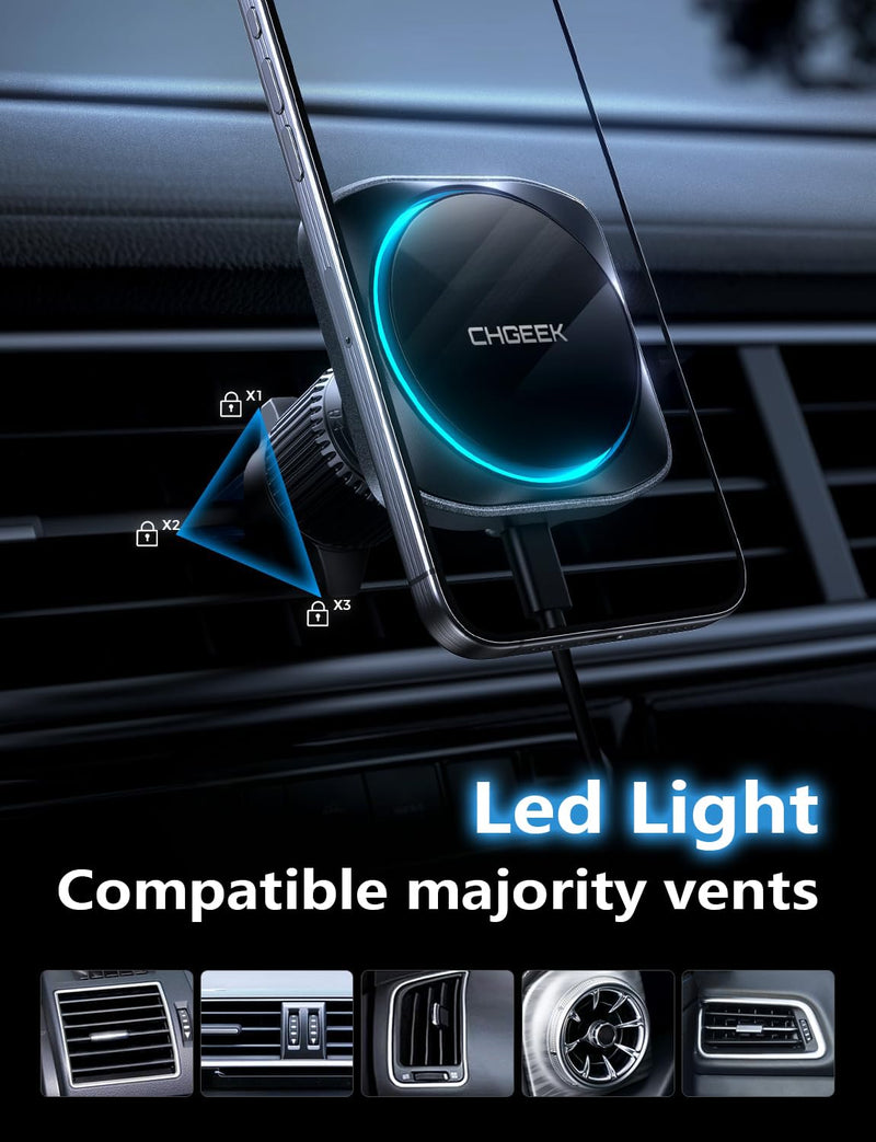 Chgeek for MagSafe Car Mount Charger[15W Fast Charging & 2400gf Magnetic] | 360°Adjustable Car Phone Holder With Cooling Fan, Magnetic Wireless Car Charger for iPhone 17 16 15 14 13 12 Pro Max Plus