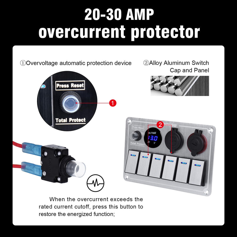 Marine Boat Rocker Switch Panel,Waterproof 6 Gang Toggle Switch Panel with Dual USB and Voltmeter Panel for RVs, Cars, Boats, Trucks,Trailers - 12-24V (Silver, 6 Gang) Silver