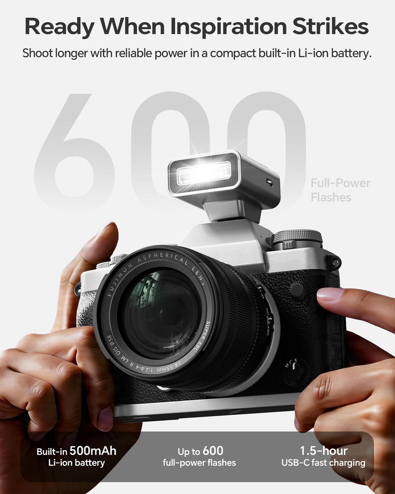 PHOTOOLEX G02 Mini Camera Flash GN10 45g USB-C Speedlite | Universal hot shoe. GN10 output. 6500K daylight color. 0.1s recycle. 45g pocket flash with USB-C fast charging