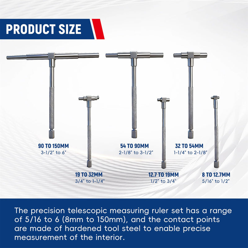 waltyotur 6 Pc Precision Telescoping Gage Set 5/16-6 Range High Precision T-Bore Hole Gauges with Pouch