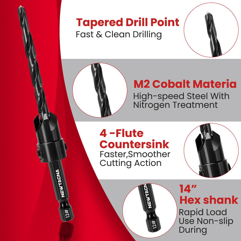 15PCS Wood Countersink Drill Bit Set Tapered Pilot Drill Bits with Depth Stop Plug Cutters Phillips Screw Bits & Magnetic Extension 1/4" Quick Change Hex Shank with Storage Case