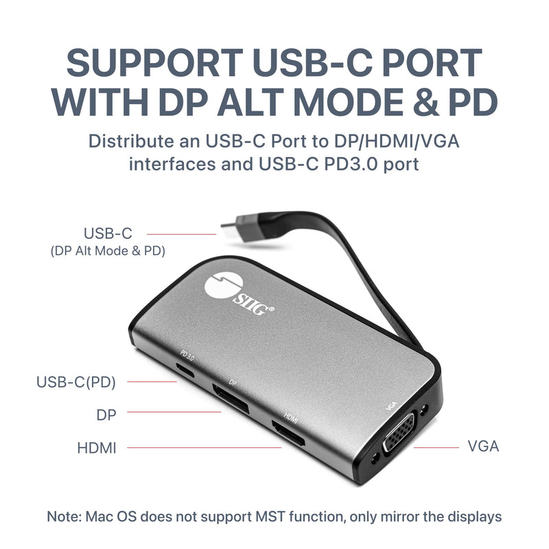 SIIG USB-C MST Hub with PD 3.0, USB-C to DP/HDMI/VGA, Single 4K30+Dual 1080p or Triple 1080p Video outputs, PD 100W, for Windows and Chromebook laptops (DP Alt Mode) NOT for Mac OS (CB-TC0G11-S1)