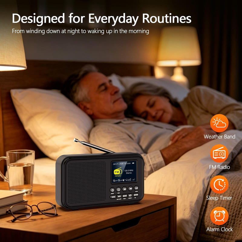OnLyee Portable FM Radio with Bluetooth, NOAA Weather Alert, Black | 2.4" Color Display, 40 Preset, 8W Clear Sound, 3000mAh Rechargeable, Sleep Timer, MicroSD Playback, Headphone Jack, Home