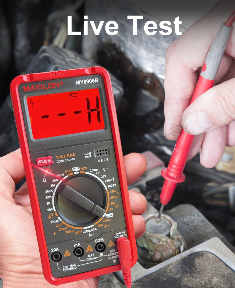 MY8906B Multimeter Tester TRMS Digital Multimeter 750V-1000V Measures DC/AC Voltage DC/AC Current Resistance Continuity Diodes Frequency Transistor HEF NCV Live Wire Detection