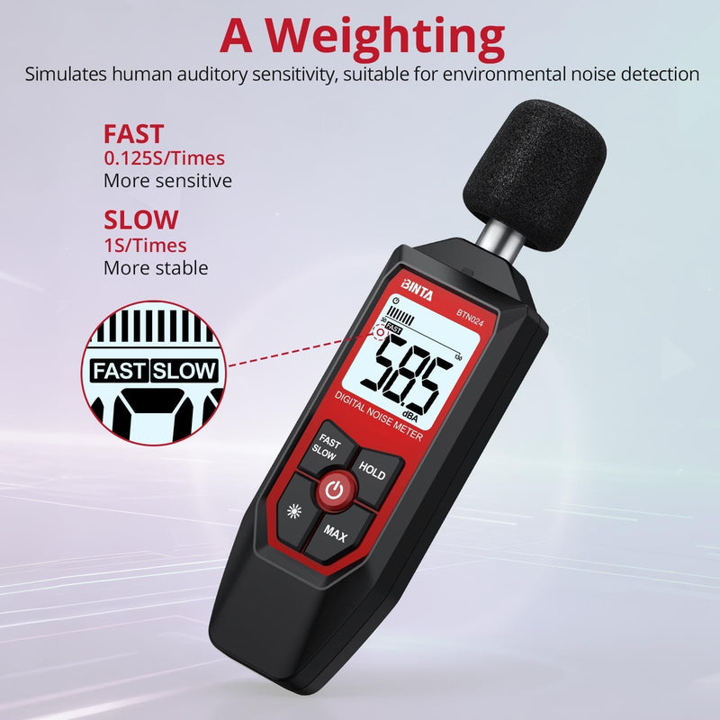 BTNTA Decibel Meter, Digital Sound Level Meter 30-130dB A-Weighted, Portable SPL Tester with Backlit LCD Screen, Noise Decibel Reader MAX Data Hold Audio Power Off for Home Office Factory Neighbors