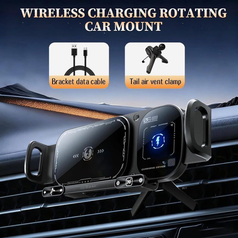 Wireless Charging Rotating Car Mount, 15W Fast Charger with Auto Clamping, One-Click 90° Rotation, 360° Rotation, Anti-Shake Technology, Foldable Phone Fit