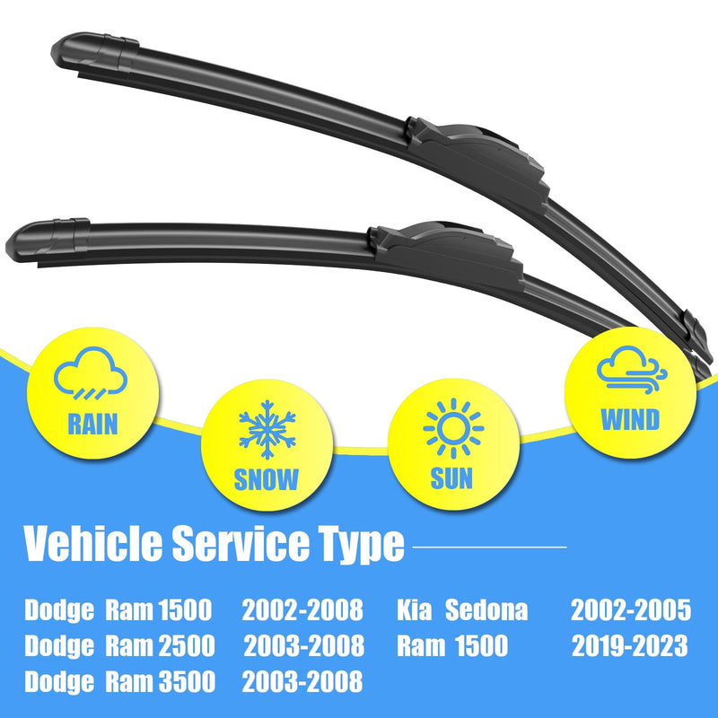 24"+24" Silicone Wiper Blades Replacement For Dodge Ram 1500 2002-2008, 2500 2003-2008, 3500 2003-2008, 1500 2019-2023, All-Season Front Windshield Wiper Blades (Set of 2) 24"+24"(Front wiper blades)