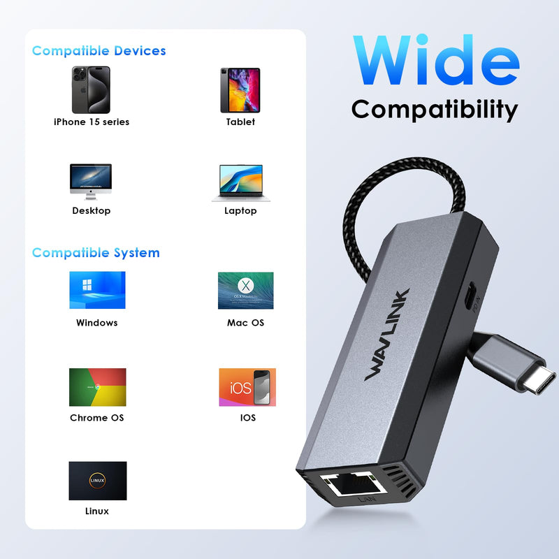 WAVLINK USB C to Ethernet Adapter 2.5 Gbps, USB to 2.5G Ethernet Adapter with 95W Power for Laptop, USB-C to RJ45 Network Converter (Thunderbolt 4/3 Compatible) for Windows, Mac OS, iPad OS and More 2.5G Ethernet Adapter PD