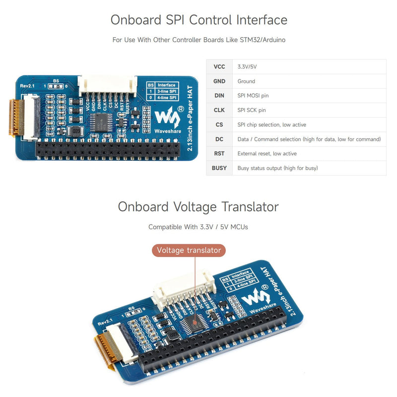 2PCS Waveshare 2.13inch E-Ink Display HAT V4 Version Compatible with Raspberry Pi 5/4B/3B+/3B/2B/B+/A+/Zero/Zero W/WH/Zero 2W, 250x122 Resolution SPI Interface Supports Partial Refresh